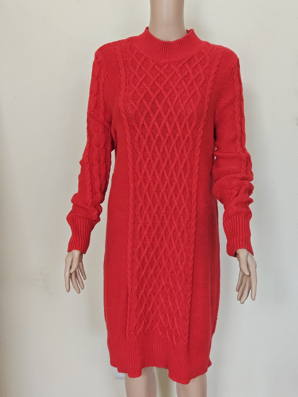 Red Cable Knit Sweater Dress - Classic Long Sleeve